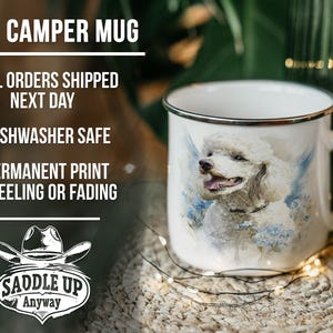 The image is a 17oz ceramic mug with a picture of a poodle on it. The mug is placed on a woven mat, and there are some lights visible in the background.