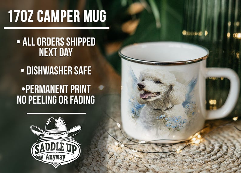 The image is a 17oz ceramic mug with a picture of a poodle on it. The mug is placed on a woven mat, and there are some lights visible in the background.