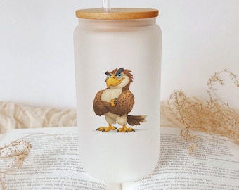 Cartoon Eagle Glass Tumbler: Funny Animal Drinkware with Bamboo Lid