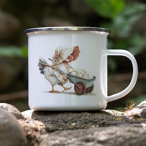 Chicken in Bonnet Enamel Camping Mug – Funny Farmhouse Tin Mug with Wheelbarrow of Eggs – Rustic Country Gift Cup