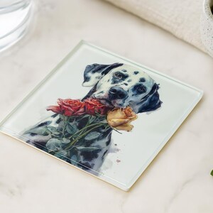 Dalmatian Dog Glass Coaster with Roses Bouquet – Cute Animal Lover Gift, Decorative Drink Coaster for Home or Office