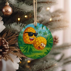 Tropical Pineapple Ceramic Ornament – Smiling Fruit Duo in Jungle, Cute Fun Kitchen or Tree Décor Gift