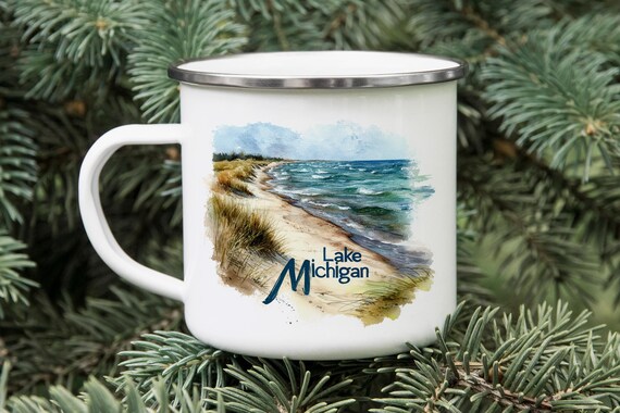 White enamel camp mug printed with a Lake Michigan dunes scene