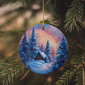 Nordic Cabin Snowy Forest Ceramic Ornament – Winter Christmas Tree Decoration, Rustic Woodland Holiday Home Decor