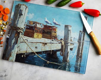 Seagull Scene Tempered Glass Cutting Board - Coastal Kitchen Decor