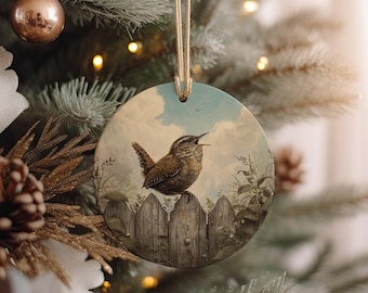 Wren on Picket Fence Ceramic Ornament: Handcrafted Bird Keepsake
