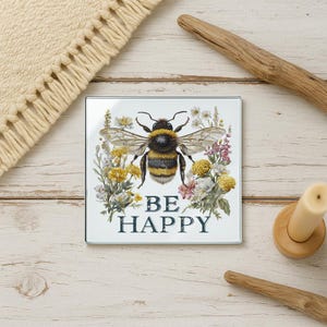 Bee Happy Glass Coaster – Flying Bee Over Wildflowers, Nature-Inspired Drink Coaster, Cute Spring Home Decor Gift