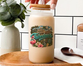 Thibodaux Louisiana Bayou Collage Glass Tumbler, Cajun Country Landmarks, Swamp Scenes Souvenir Cup