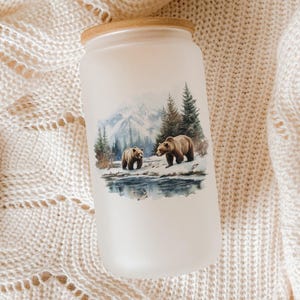 Watercolor Brown Bear Frosted Glass Tumbler: Snowy Winter Scene