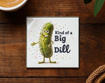 Funny Pickle Glass Coaster – Kind of a Big Dill, Confetti Design