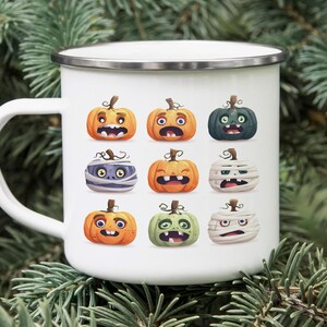 Funny Halloween Pumpkin Faces Enamel Tin Mug – Mummy Bandage Camping Cup, Spooky Fall Drinkware, Halloween Coffee Mug