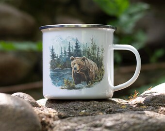 Grizzly Bear Enamel Camping Mug: Alaska Wildlife Watercolor Tin Cup
