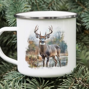 White-Tailed Deer Enamel Camping Mug: Rustic Wildlife Tin Cup