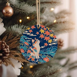 Ceramic Ornament with Cat Under Maple Leaves, Japanese Folk Tale Cat Decoration, Fall Maple Leaf Cat Tree Ornament Gift
