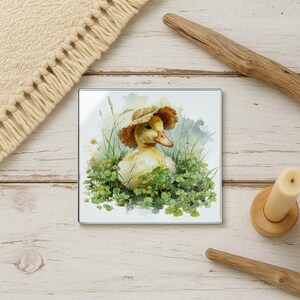 Fluffy Duck in Clover Patch Glass Coaster, Farmhouse Spring Decor (4" x 4")