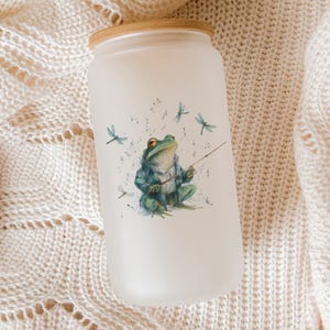 Vaso de cristal con diseño de rana y conductor: copa artística con sinfonía de libélula - Hecho en EE. UU.