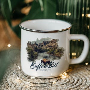 Buffalo Bill State Park Enamel Camping Mug: Wyoming Mountain View Tin Cup