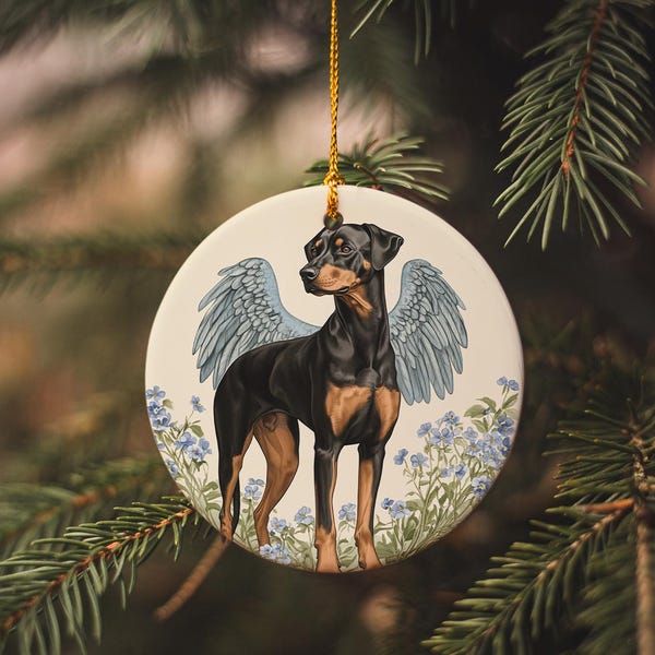 Doberman Angel Ceramic Ornament – Elegant Dog Memorial with Wings & Forget-Me-Nots – Pet Loss Keepsake Gift