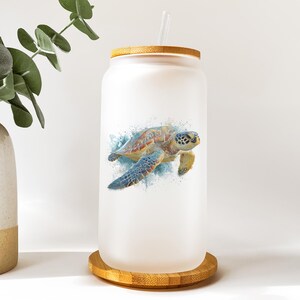 Sea Turtle Glass Tumbler, Patterned Shell Drinkware, Coastal Sea Life Cup