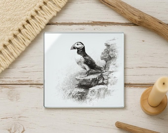 Puffin Sketch Glass Coaster: Seaside Cliff Bird Art - Nautical Home Decor
