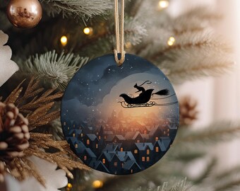 Midnight Black Cat Broomstick Sleigh Ornament – Witch's Familiar Flying Over Town Ceramic Halloween Decor