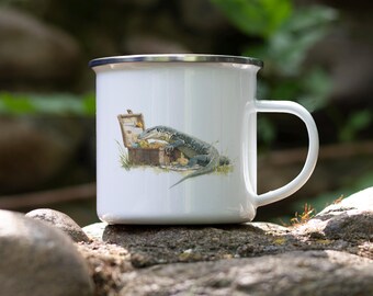 Nile Monitor Lizard Camping Mug: Funny Reptile Enamelware Tin Cup