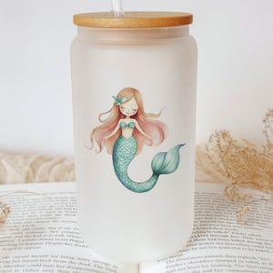 Pastel Mermaid Glass Tumbler – Cute Teal and Pink Watercolor Cup, Aesthetic Iced Coffee Mug, Kawaii Drinkware Gift