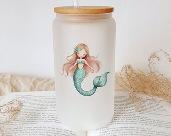 Mermaid Frosted Glass Tumbler – Pastel Watercolor Iced Coffee Mug