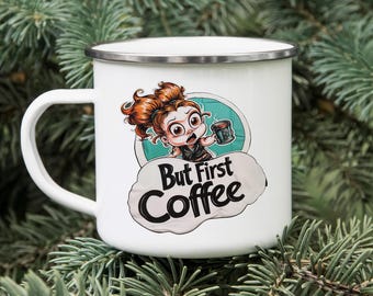 But First Coffee Enamel Mug: Funny Cartoon Camping Cup
