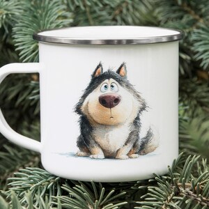 Cartoon Alaskan Malamute Enamel Camping Mug – Watercolor Impasto Dog Art Tin Cup – Cute Husky Gift for Hikers & Dog Lovers