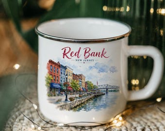 Red Bank New Jersey Riverside Enamel Camping Mug, Downtown Shops Scene
