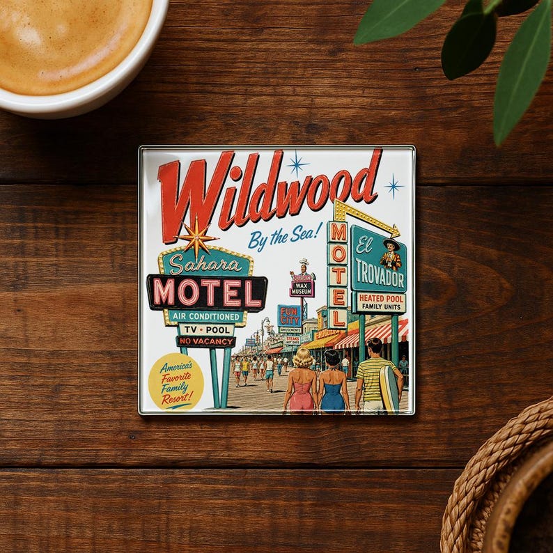 A vintage-style metal coaster with a retro-style illustration of a motel called Wildwood by the Sea, featuring a woman walking on a boardwalk and a man in a striped shirt.
