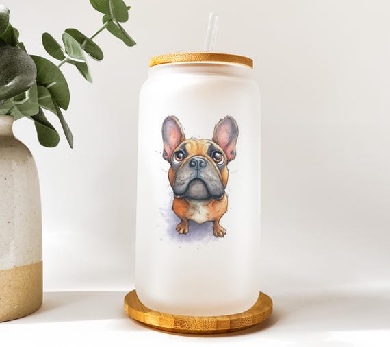 French Bulldog Glass Tumbler: Watercolor Dog Cup, Bamboo Lid