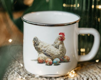 Funny Chicken Enamel Camping Mug: Rustic Farmhouse Coffee Cup