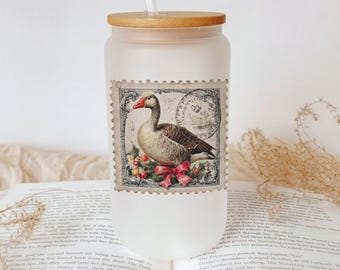 Vintage Christmas Goose Glass Tumbler: Antique Stamp Art, Red Ribbon