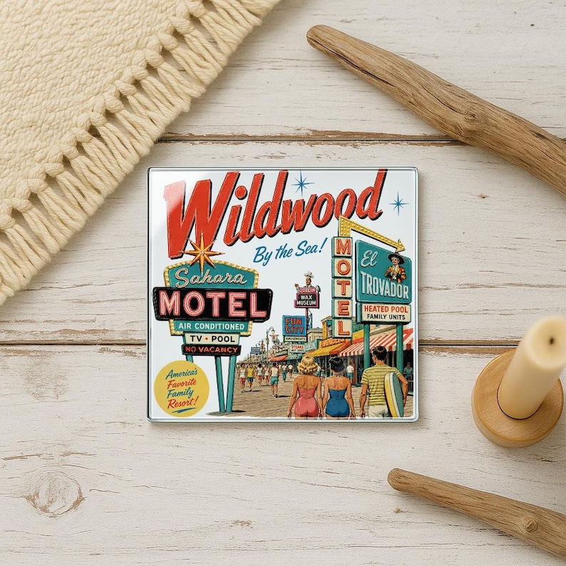a vintage-style motel advertisement with a retro design, including neon signs and illustrations of people walking on a boardwalk.