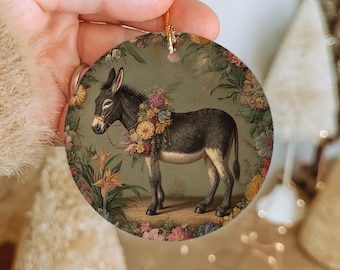 Handmade Ceramic Donkey Ornament with Flower Garland - Rustic Farmhouse Decor