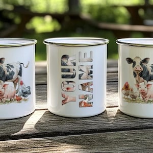 Farm Animals Enamel Mug, Chicken Cow Pig Watercolor, Country Camping Tin Cup