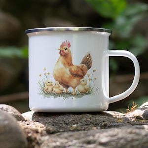 Mother Hen with Chicks Watercolor Enamel Camping Mug – Cute Farm Animal Tin Mug, Rustic Country Kitchen Gift