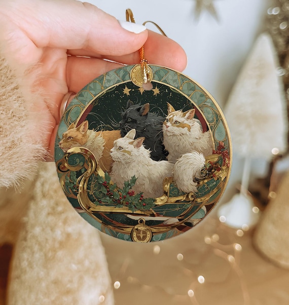 Freyja's Sleigh Bell Cat Ornament: Nordic Yule Ceramic Decor
