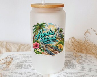 Amelia Island Tropical Glass Tumbler, Beach Palm Trees Sunset Drinkware