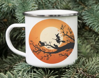 Witch Flying with Cats Enamel Mug: Spooky Halloween Camping Drinkware