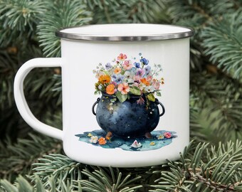 Witch's Cauldron Enamel Camping Mug: Spooky Floral Gothic Cup