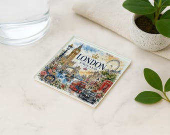 Glass Coaster, London Cityscape Collage, Big Ben, Tower Bridge, London Eye, UK Souvenir