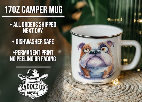 Cartoon Bulldog Enamel Camping Mug: Watercolor Impasto Art, Dog