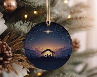 Silent Night Nativity Ceramic Ornament: Glowing Star Christmas Decor