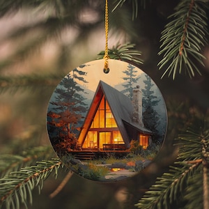 Ceramic A-Frame Cabin Ornament: Glowing Windows Winter Lodge Decor