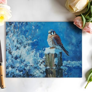 American Kestrel Tempered Glass Cutting Board – Winter Bird Art