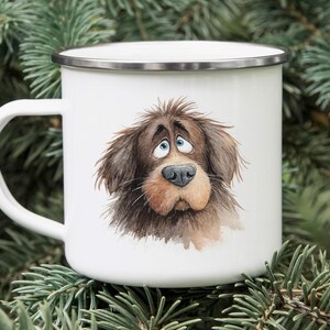 Cartoon Newfoundland Dog Enamel Camping Mug – Watercolor Impasto Art Tin Cup, Outdoor Coffee Mug Gift for Dog Lovers