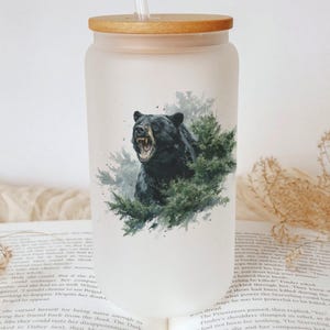 Black Bear Glass Tumbler: Wilderness Wildlife Art - Bamboo Lid & Glass Straw